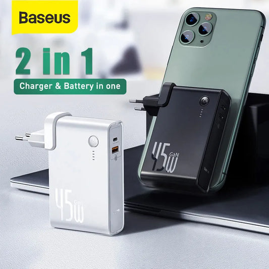Baseus GaN Power Bank Charger 10000mAh 45W USB C PD Fast Charging 2 in 1 Charger & Battery as One ForiP 11 Pro Laptop ForXiaomi - NERIX DYNASTY 
